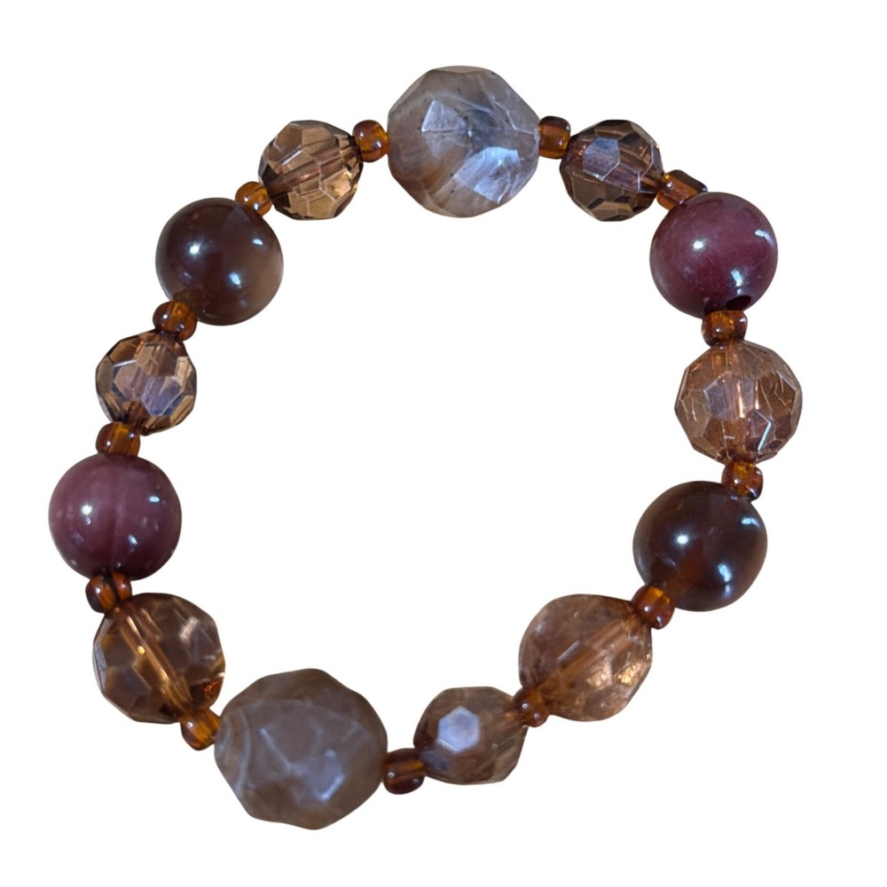 Earth Tone Beaded Stretch Bracelet Amber Burgundy Faceted Mixed Beads Boho